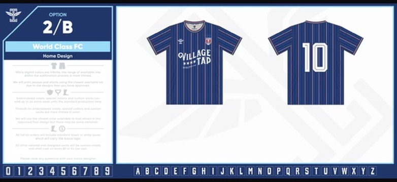 Current World Class FC navy pinstripe home shirt, front and back